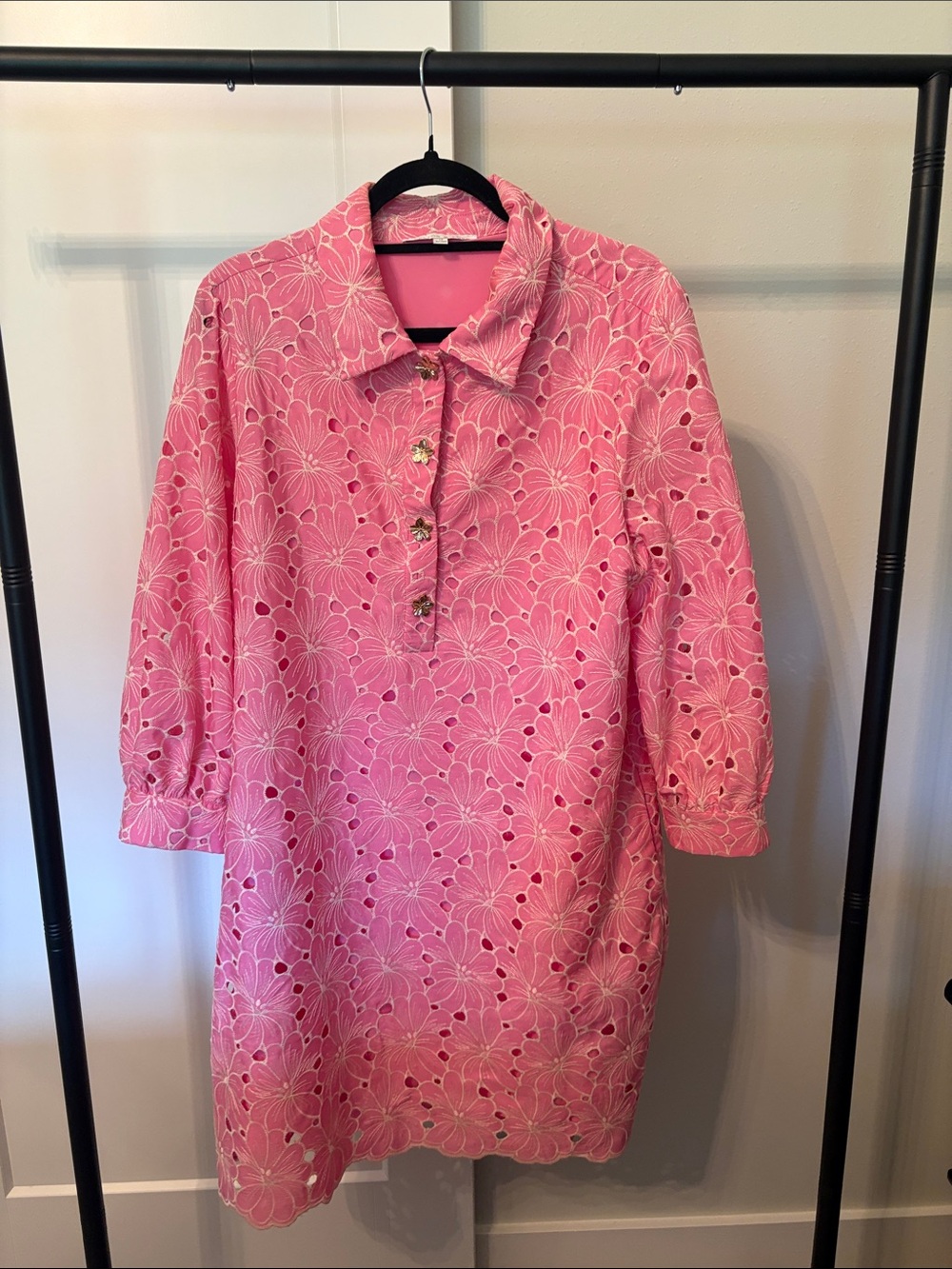 Preston & York Pink Floral Eyelet Collared Midi Dress